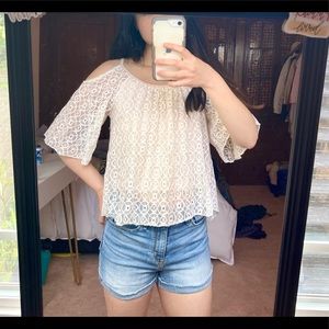 Open shoulder white lace top